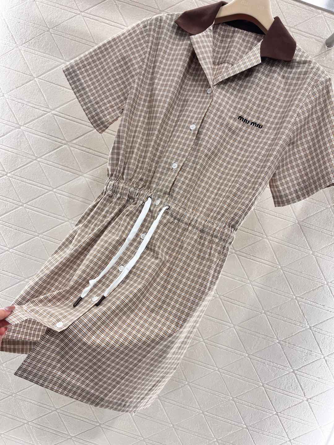 MIU-Checkered Short-Sleeve Shirt Dress - Silhouette Atelier 