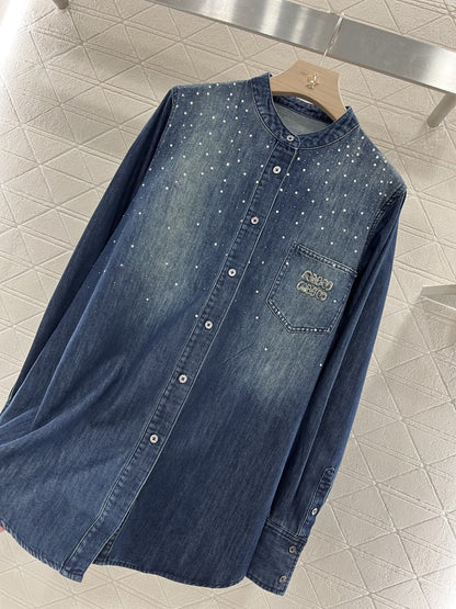 Miu Miu Vintage Washed Denim Shirt with Crystal Details - Silhouette Atelier 