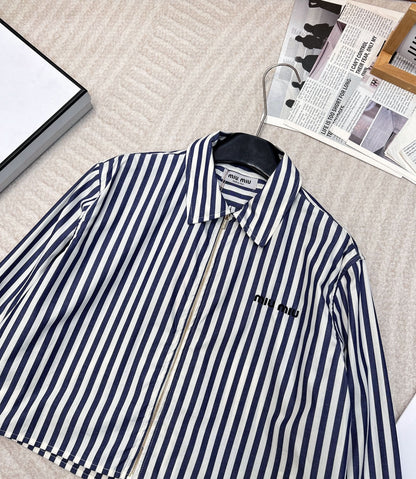 MIU-Striped Embroidered Letter Shirt - Silhouette Atelier 