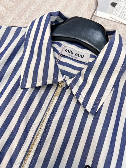 MIU-Striped Embroidered Letter Shirt - Silhouette Atelier 