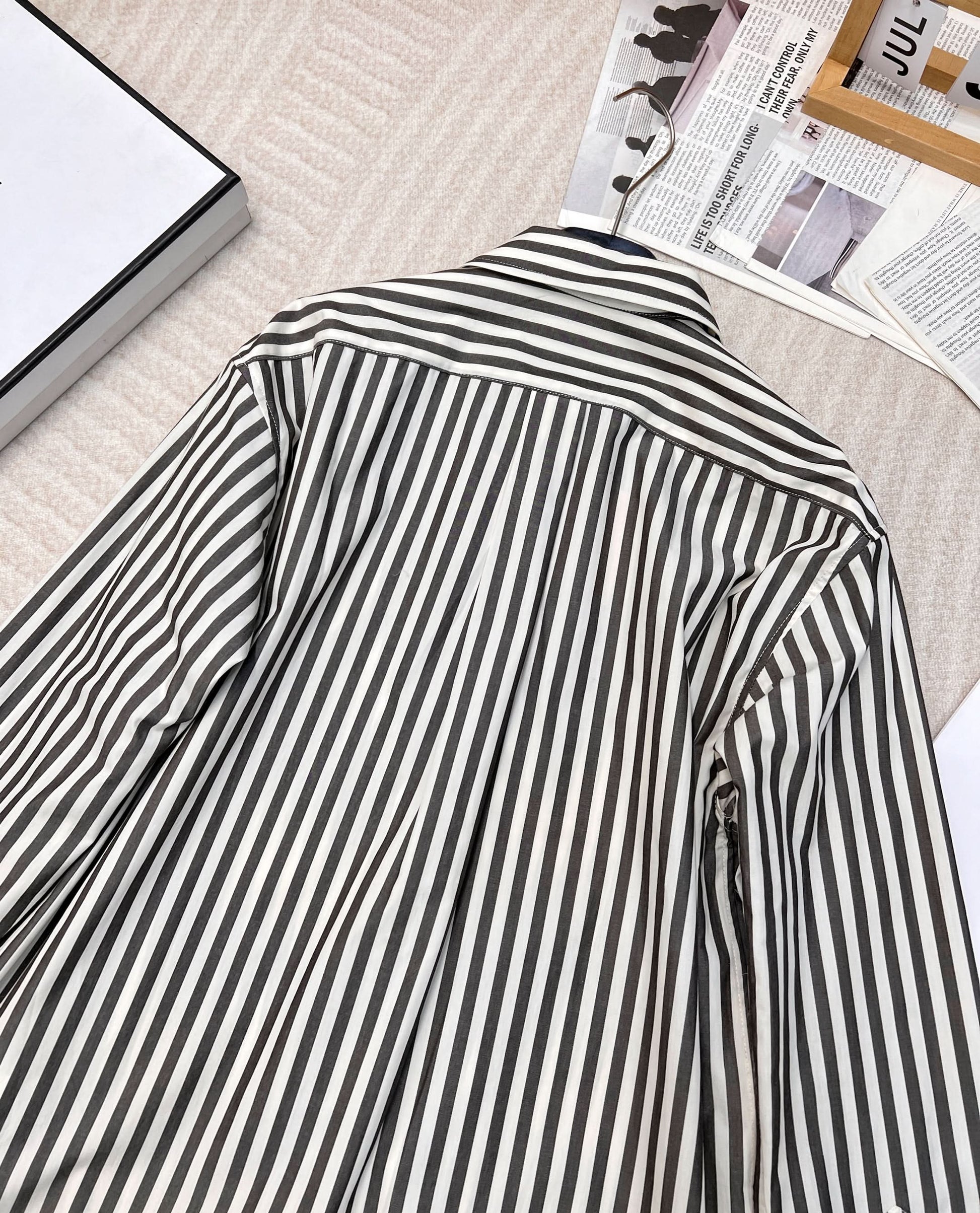 MIU-Striped Embroidered Letter Double-Zip Shirt - Silhouette Atelier 