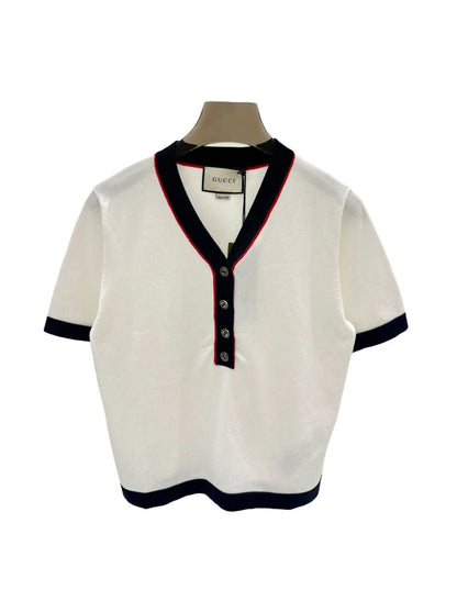 New retro V-neck button knitted short sleeves