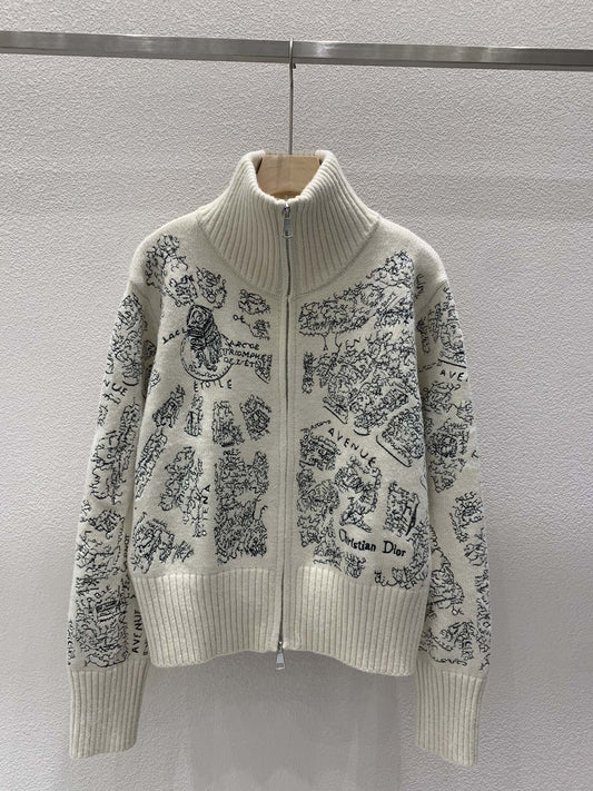 New Turtleneck Pattern Embroidery Knitted Zipper Cardigan