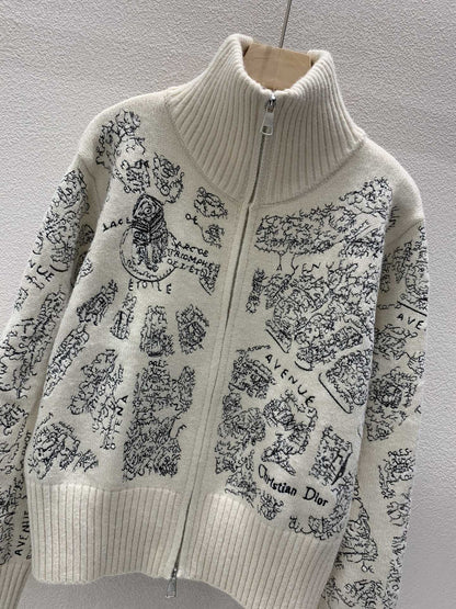 New Turtleneck Pattern Embroidery Knitted Zipper Cardigan