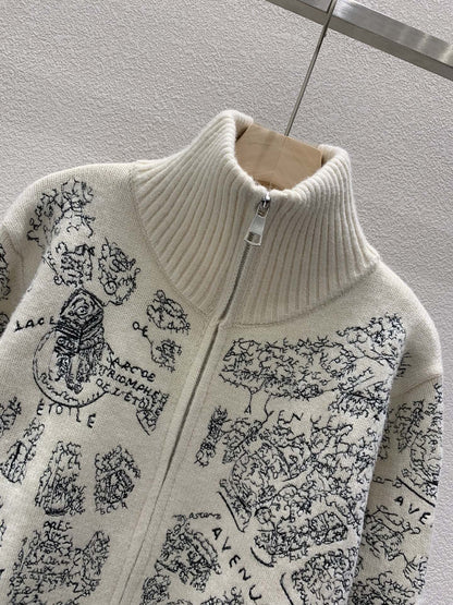 New Turtleneck Pattern Embroidery Knitted Zipper Cardigan