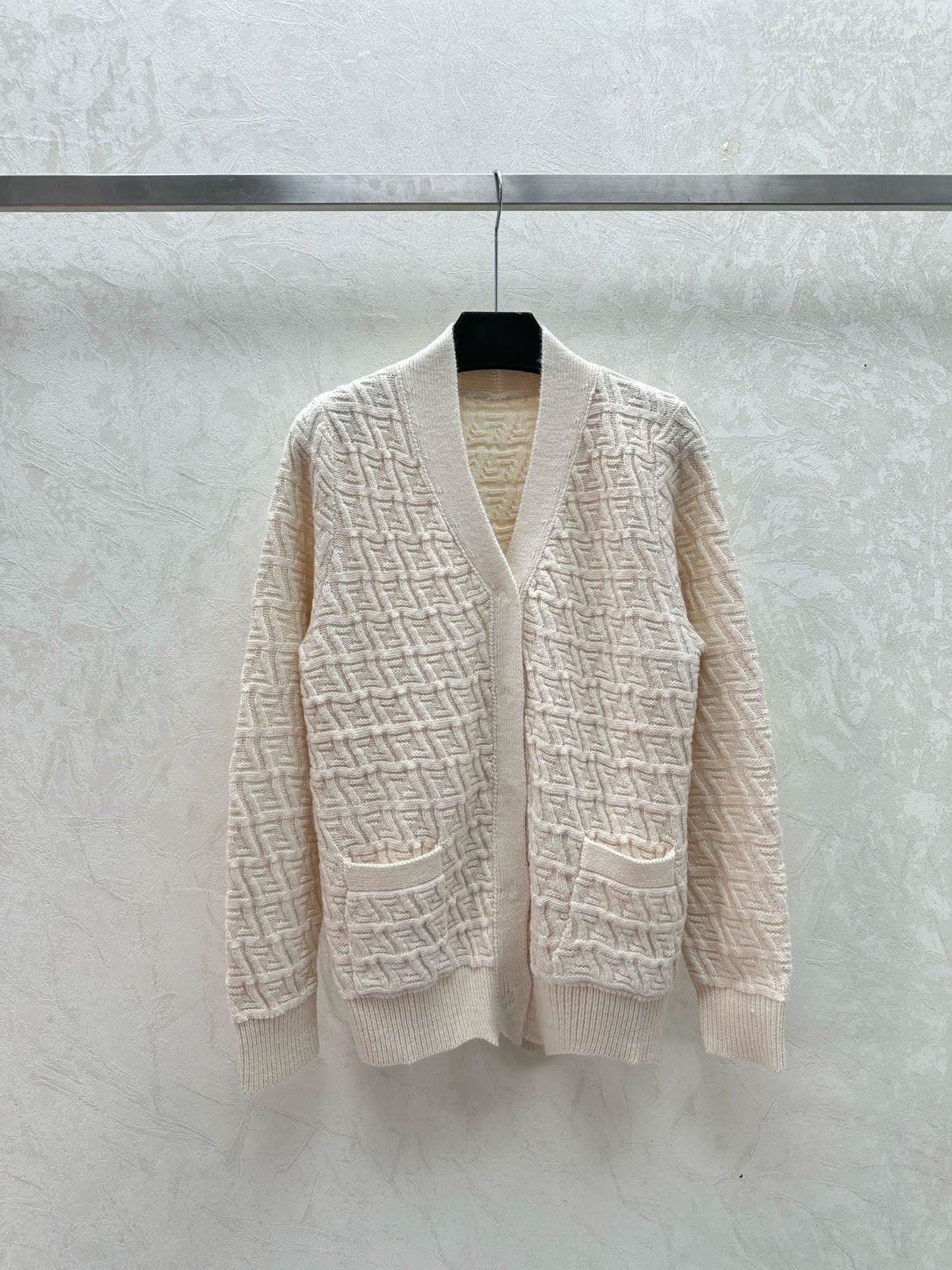 Letter F 3D embossed jacquard knitted V-neck double pocket cardigan - Silhouette Atelier 