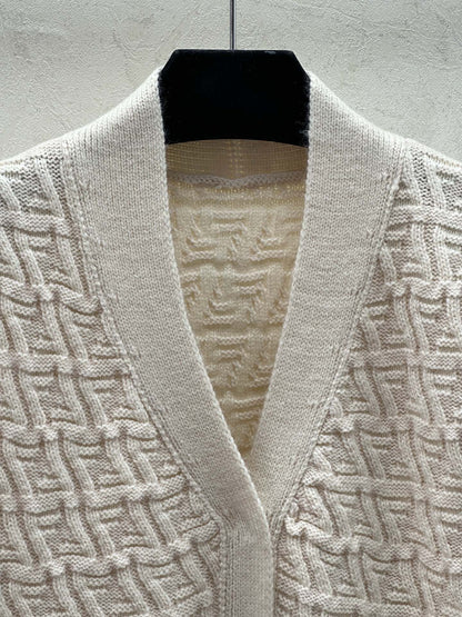 Letter F 3D embossed jacquard knitted V-neck double pocket cardigan - Silhouette Atelier 